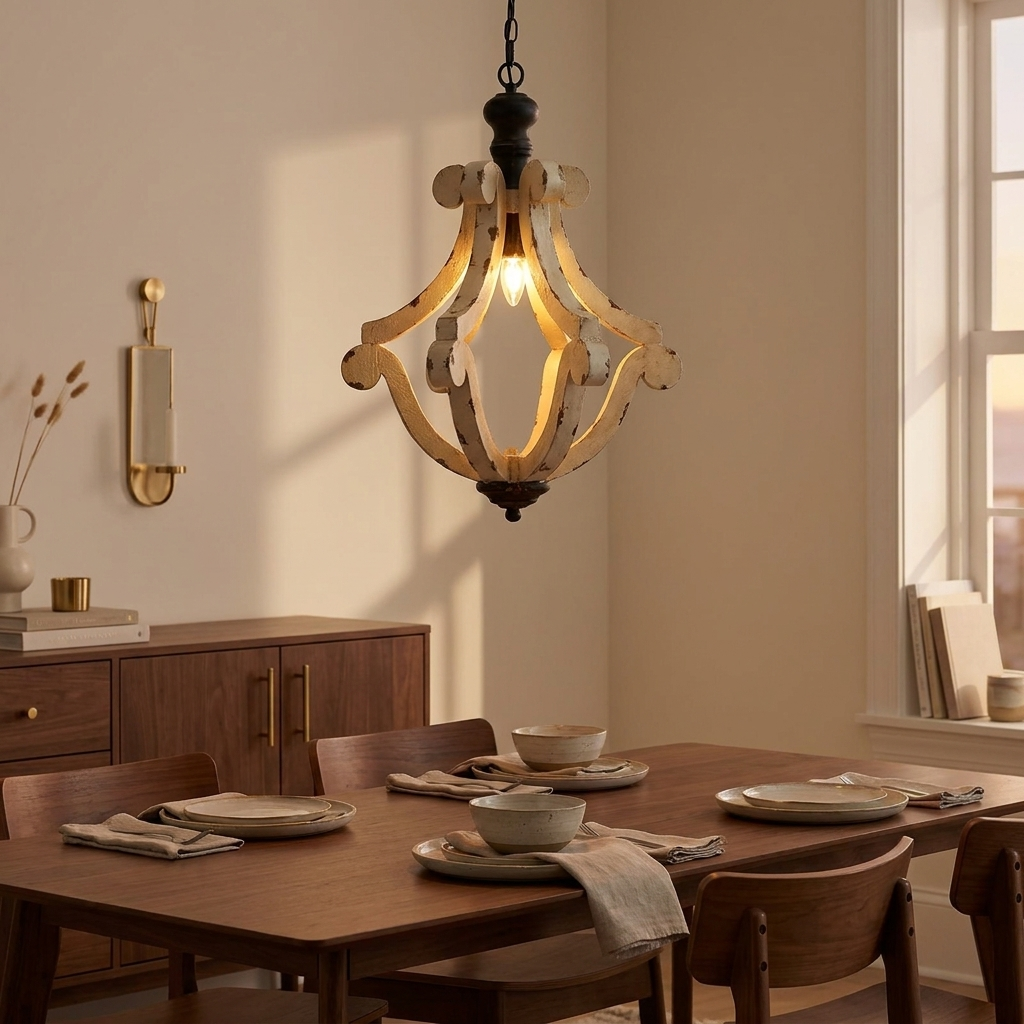 Farmhouse Chandelier, Distressed Wood and Metal Candle Style styled in a room