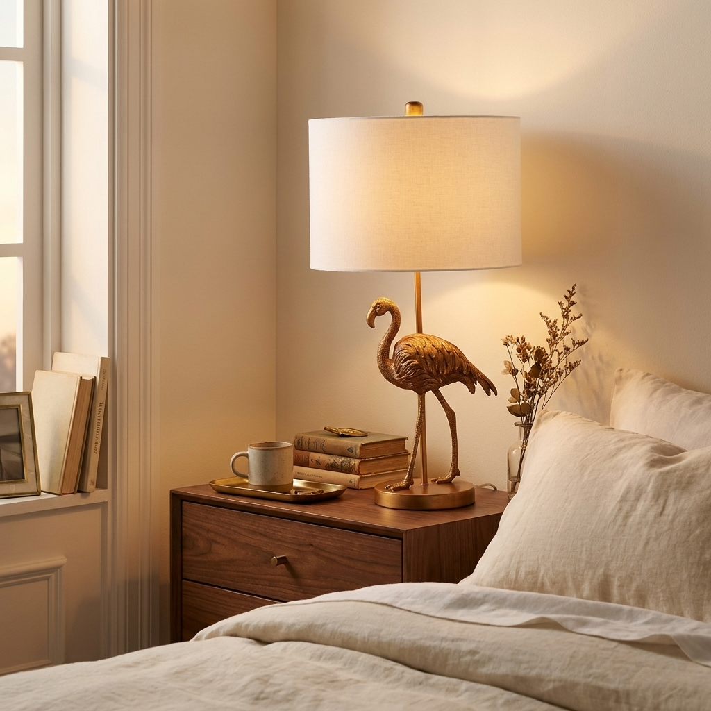 Gold Flamingo Table Lamp, Resin Sculptural Accent, 26 Inch styled in a room