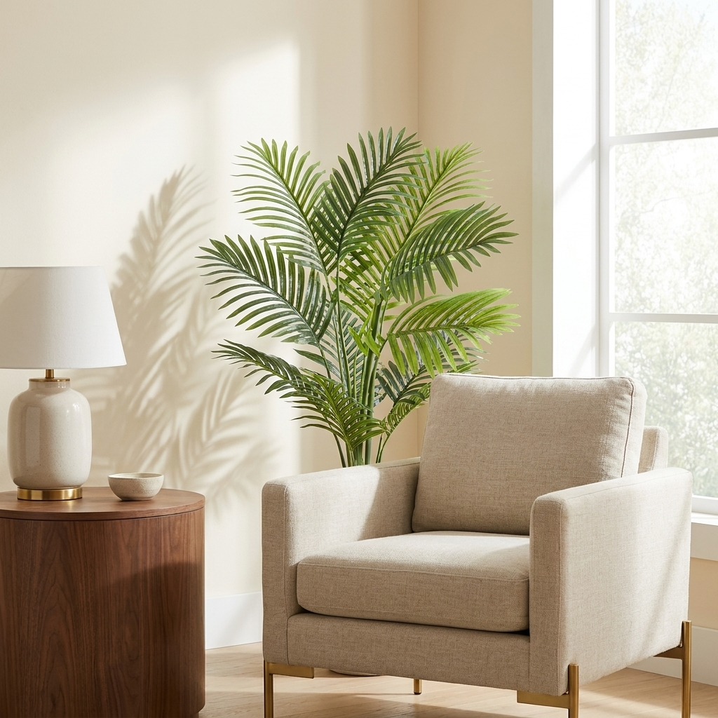 Artificial Golden Cane Palm Tree, Potted Faux Floor Plant styled in a room