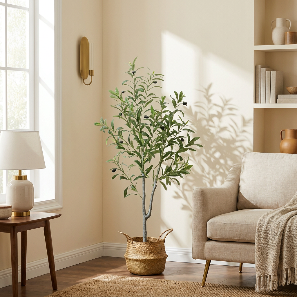 Artificial Olive Tree, Faux Potted Silk Floor Plant, Tall Indoor Tree styled in a room