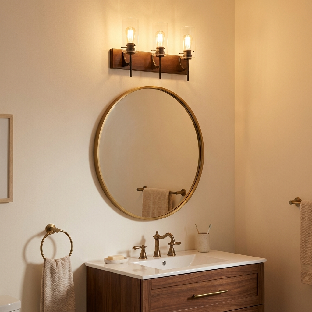 Matte Black & Wood 3-Light Bathroom Vanity Light, Modern Wall Sconce Fixture styled in a room