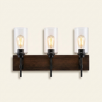3-Light Matte Black Wood Color Bathroom Light Fixtures on a warm cream background