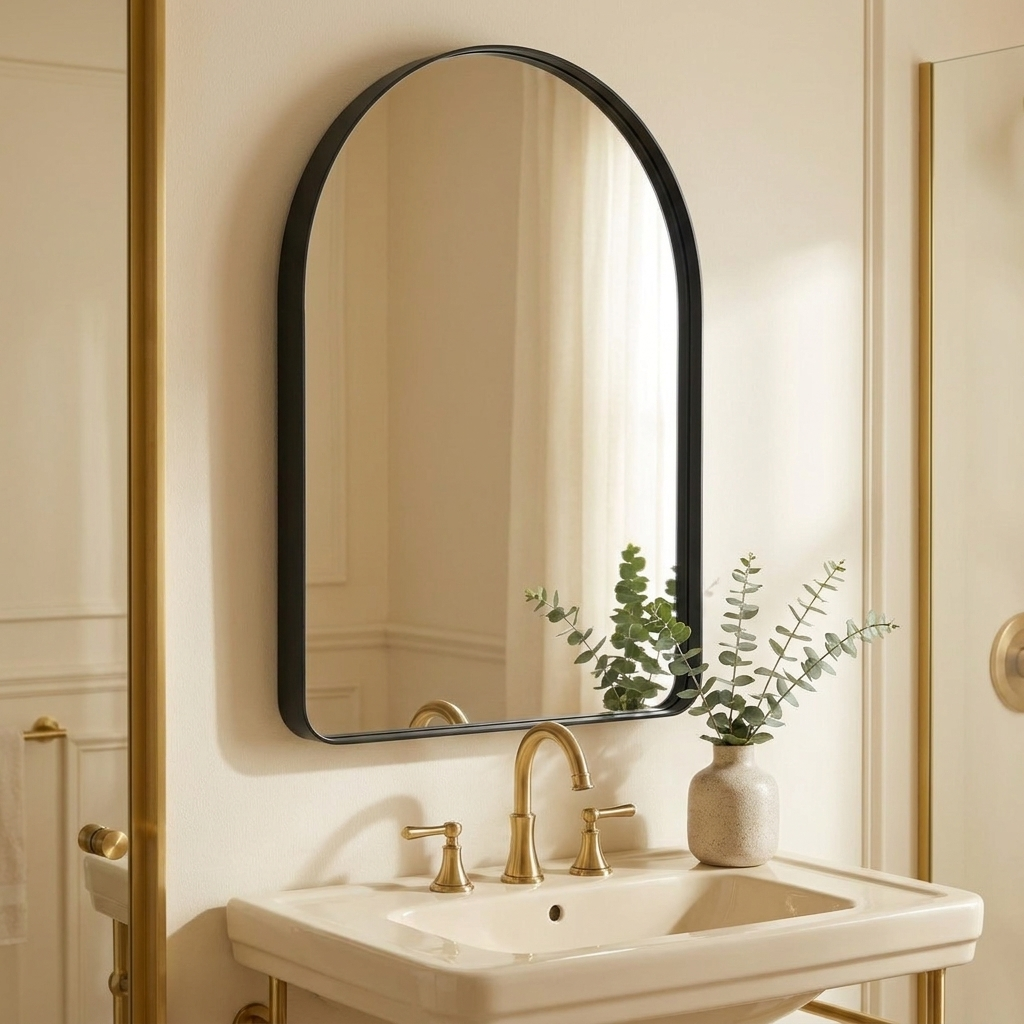 Arched Metal Frame Wall Mirror, Modern Bathroom Vanity Mirror Over Sink styled in a room