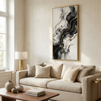 Large Framed Black And White Abstract Wall Art styled in a warm modern interior