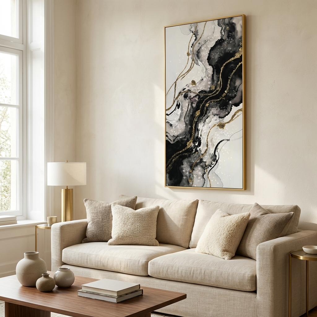 Large Framed Black And White Abstract Wall Art styled in a warm modern interior