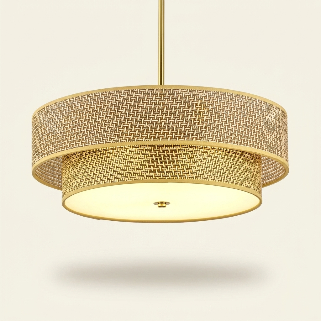 Woven Rattan Semi Flush Mount Ceiling Light, Linen Shade, 17.7 Inch