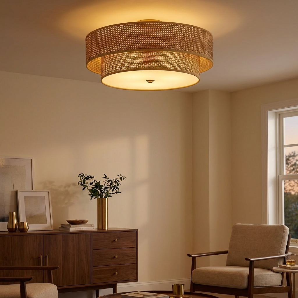 Woven Rattan Semi Flush Mount Ceiling Light, Linen Shade, 17.7 Inch styled in a room
