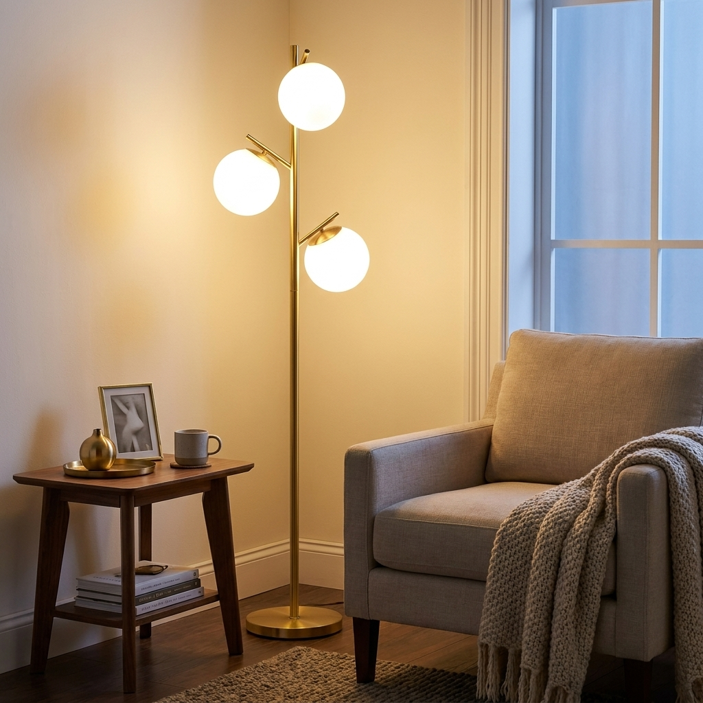 Modern 3-Light Tree Floor Lamp with Adjustable Globe Shades, Black styled in a room