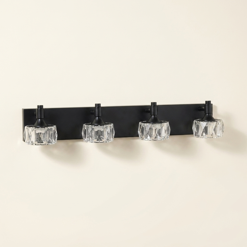 Crystal Glass Vanity Light, 4-Light Matte Black LED Bathroom Fixture