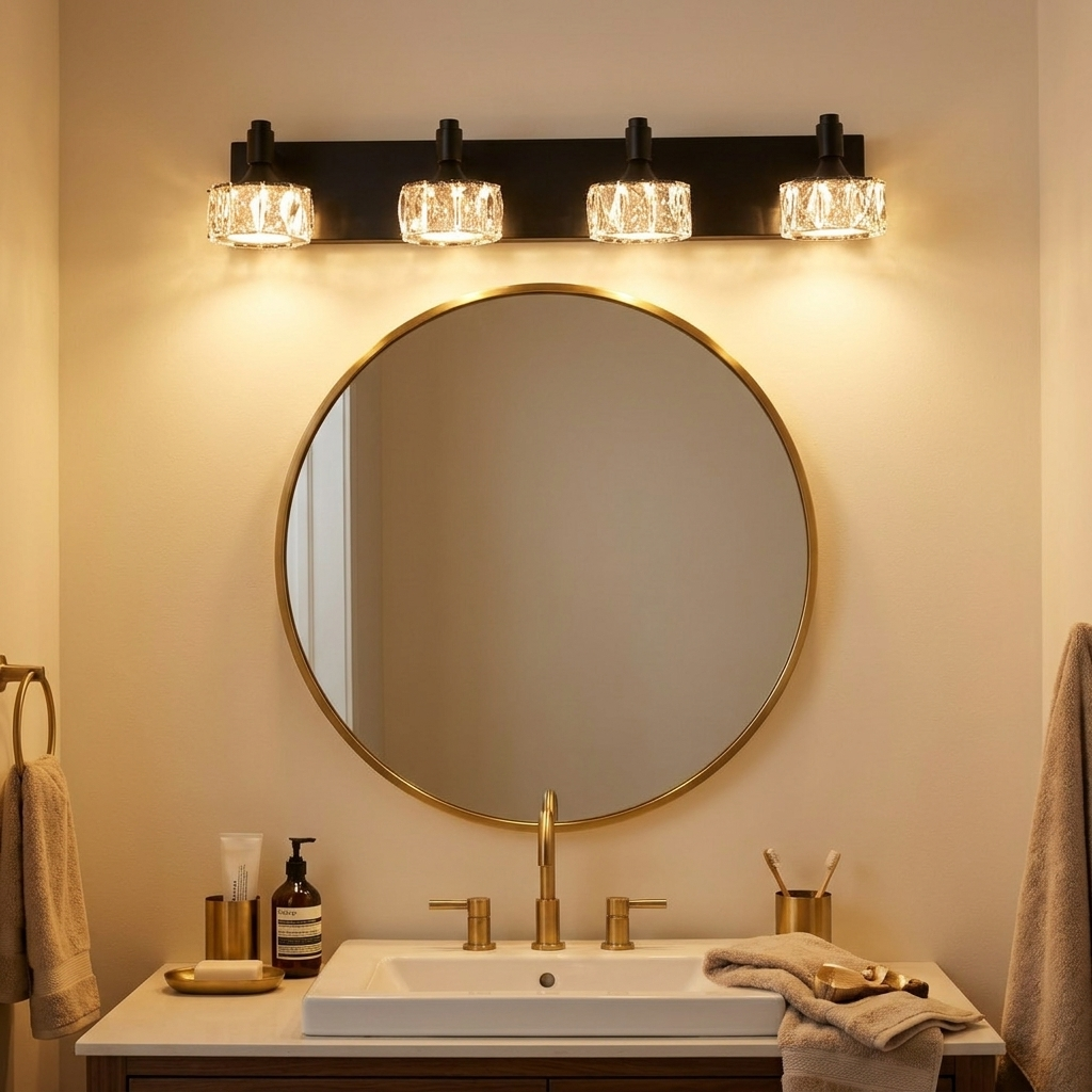 Crystal Glass Vanity Light, 4-Light Matte Black LED Bathroom Fixture styled in a room