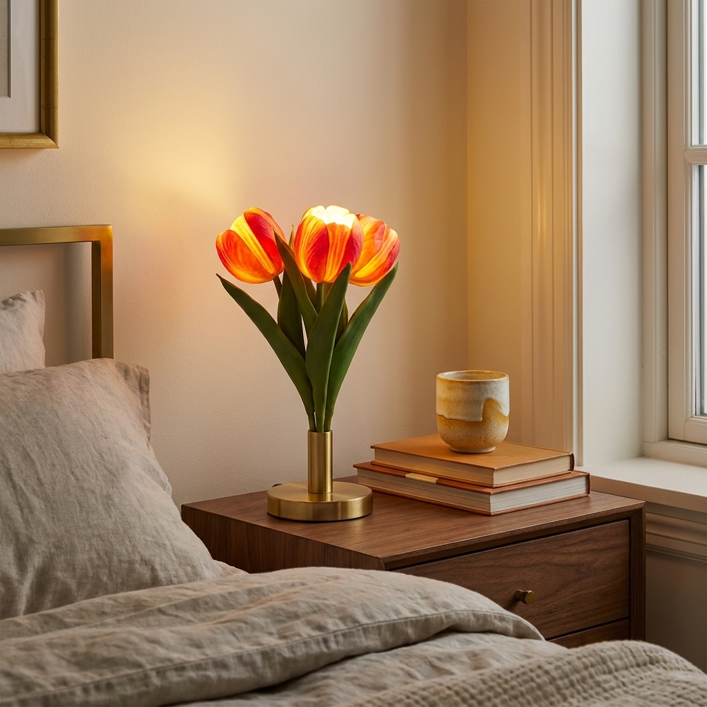 Tulip Flower LED Table Lamp with Vase, Modern Desktop Night Light styled in a room