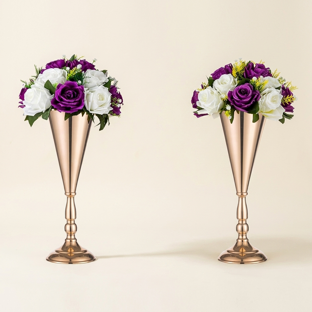 Golden Metal Trumpet Flower Vase, Wedding Centerpiece Decor, Set of 2