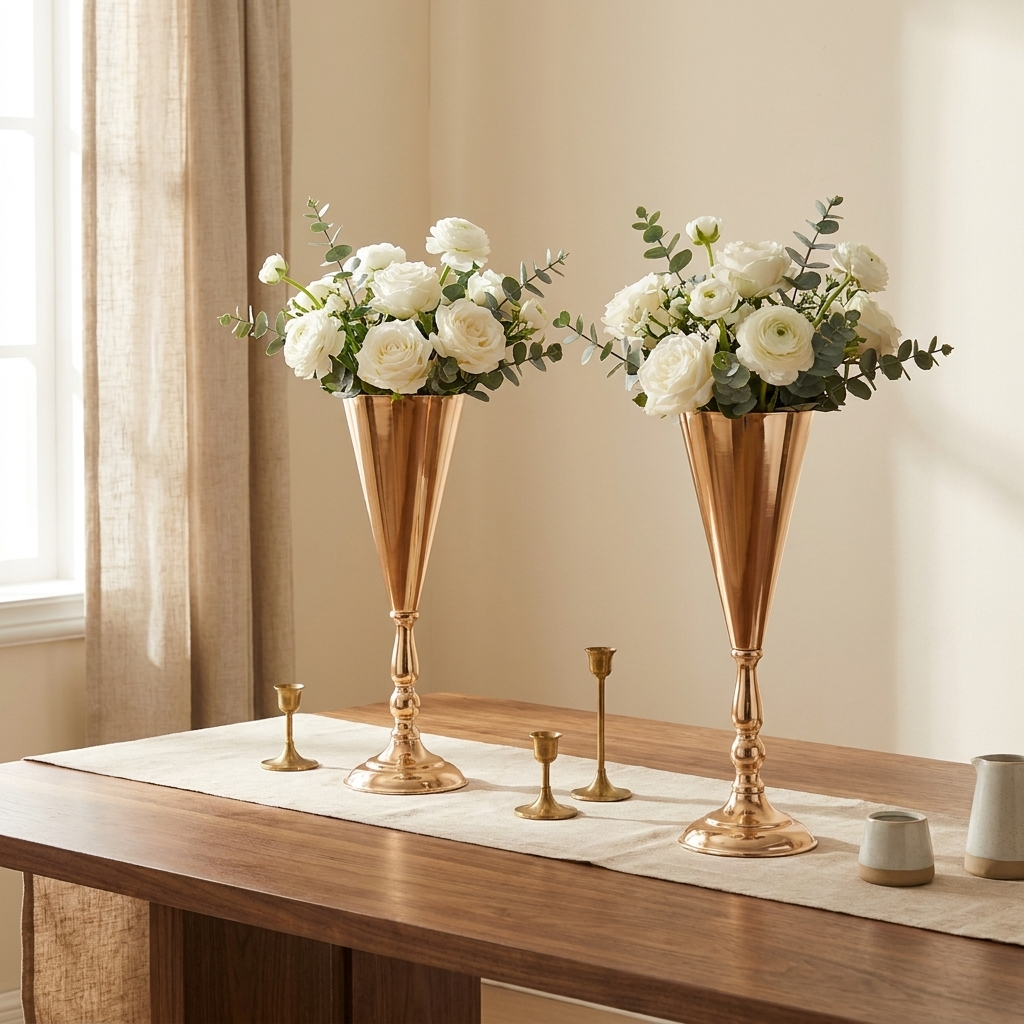 Golden Metal Trumpet Flower Vase, Wedding Centerpiece Decor, Set of 2 styled in a room