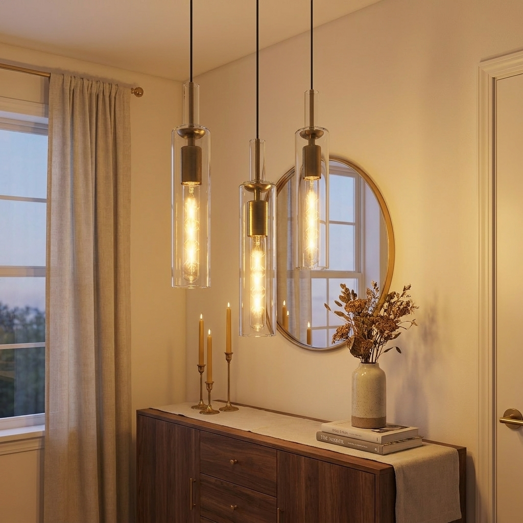 Gold Pendant Light, Modern Brass-Tone Ceiling Fixture styled in a room
