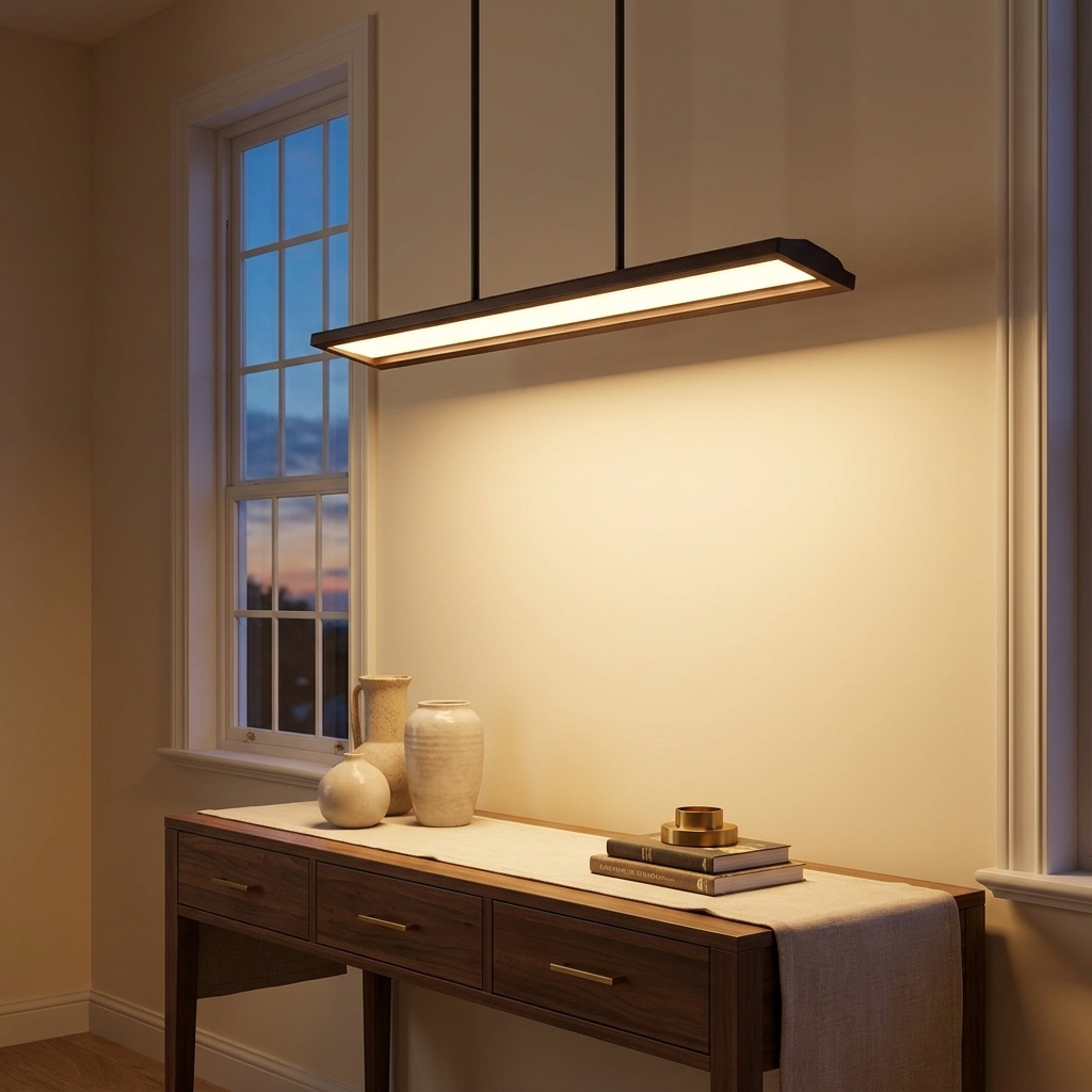 Walnut Wood LED Pendant Light, Linear 51 Inch, Dimmable styled in a room
