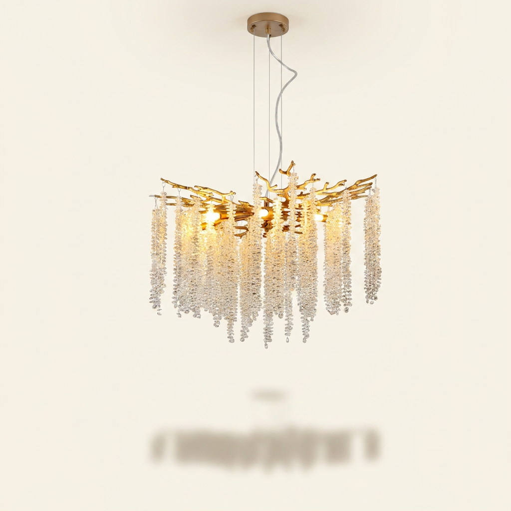 Gold Crystal Pendant Light with Cascading Strands, 24 Inch