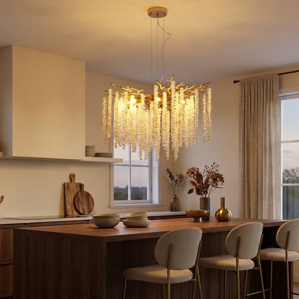 Gold Crystal Pendant Light with Cascading Strands, 24 Inch styled in a room