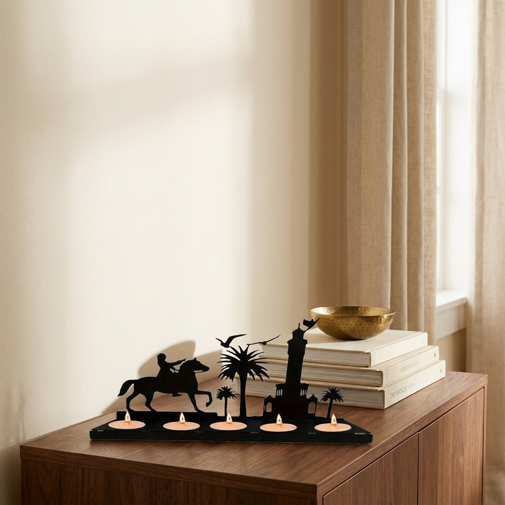 Rustic Wooden Antler Candle Holder Set styled in a room