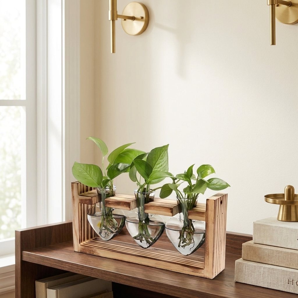 1Pc Plant Terrarium Propagation Station With 3 Heart Shaped Vases Wood styled in a warm modern interior