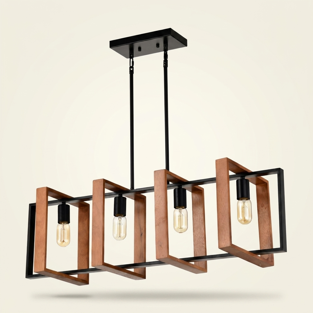 Rustic Wood & Black 4-Light Farmhouse Pendant Light, Kitchen Island Fixture