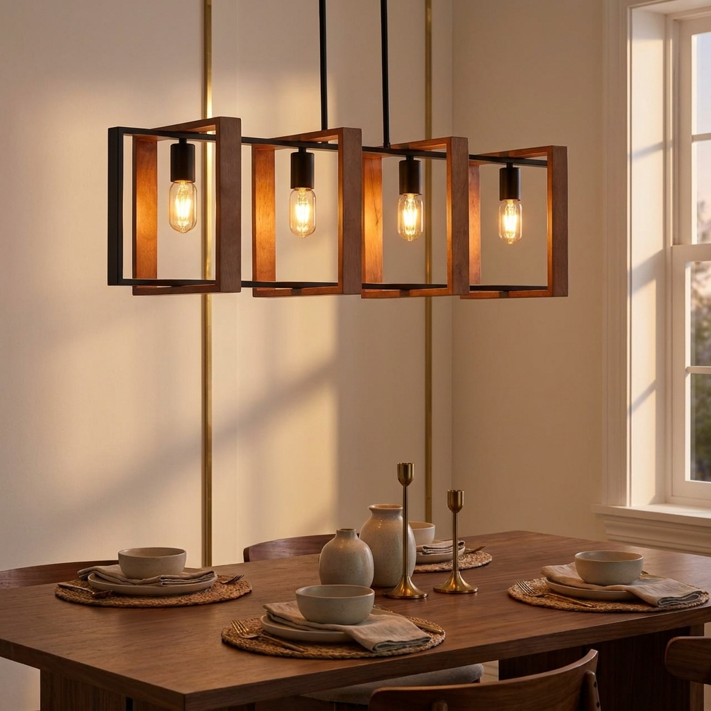 Rustic Wood & Black 4-Light Farmhouse Pendant Light, Kitchen Island Fixture styled in a room