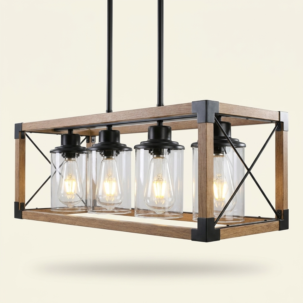 32 Inch Walnut Industrial Farmhouse Rectangle Pendant Light on a warm cream background
