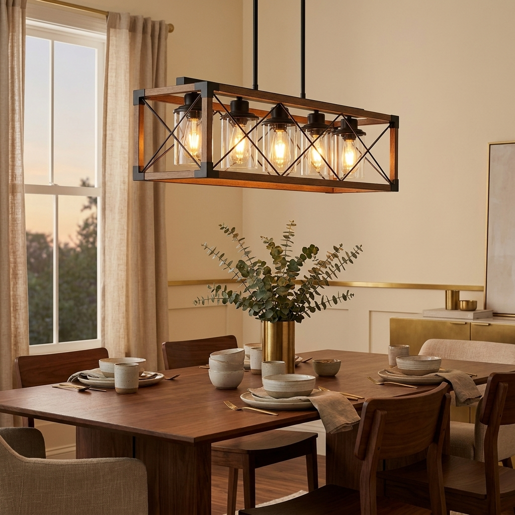 Walnut & Black Rectangular Pendant Light, Industrial Farmhouse Chandelier, 32 in. styled in a room