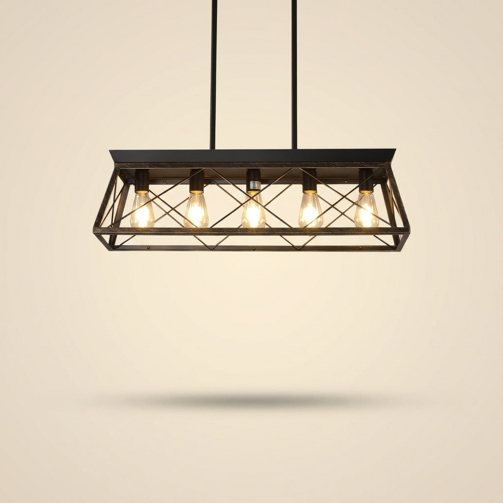 32in Black Gold Industrial 5-Light Pendant Chandelier on a warm cream background
