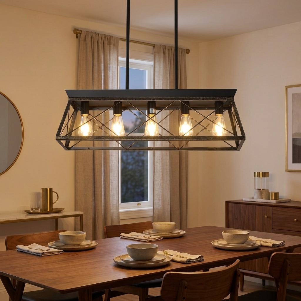 Black & Gold Industrial 5-Light Pendant Chandelier, Mesh Frame, 32 in. styled in a room