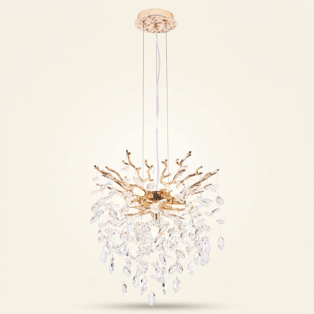 Modern Tree Branch Crystal Chandelier Luxury Gold Crystal Pendant Ligh on a warm cream background