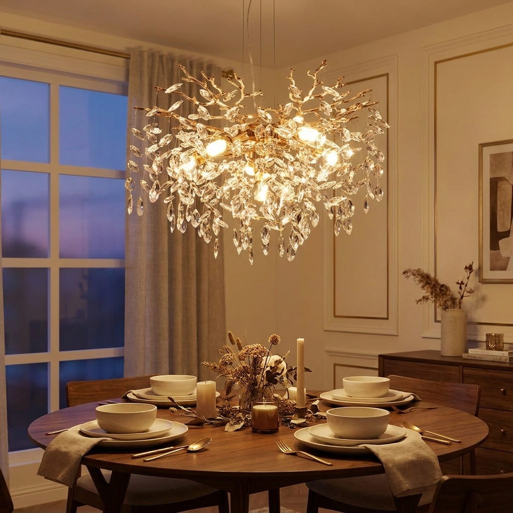 Gold Crystal Tree Branch Chandelier, Modern Luxury Pendant Light Fixture styled in a room