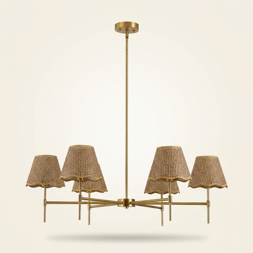 Boho Rattan 6-Light Chandelier, Handmade Woven Shade, Brass-Finished Rod, Large