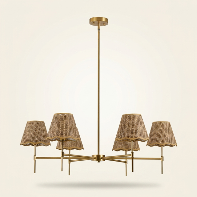 Boho Rattan 6-Light Chandelier, Woven Shade, Brass-Finished Rod, Large