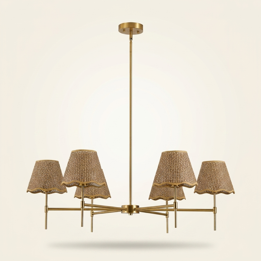 Boho Rattan 6-Light Chandelier, Woven Shade, Brass-Finished Rod, Large