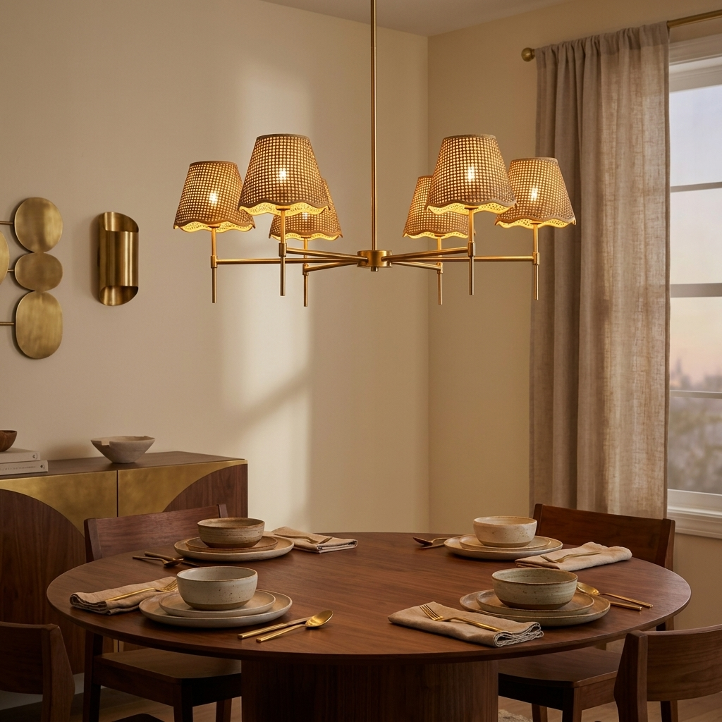 Boho Rattan 6-Light Chandelier, Woven Shade, Brass-Finished Rod, Large styled in a room