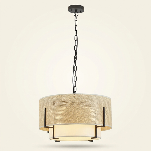 Farmhouse Boho Rattan Chandelier, Woven Texture, Fabric Shade, 19.7 in.