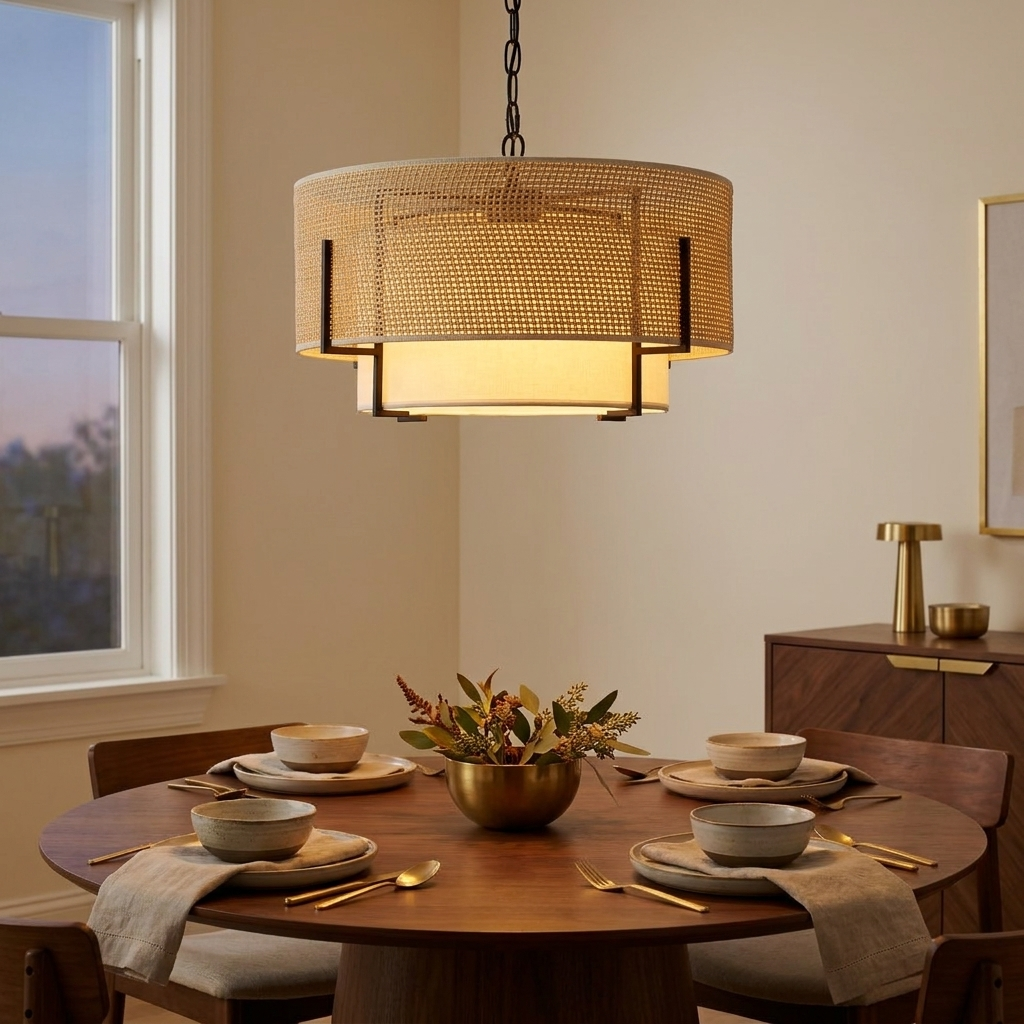 Farmhouse Boho Rattan Chandelier, Woven Texture, Fabric Shade, 19.7 in. styled in a room