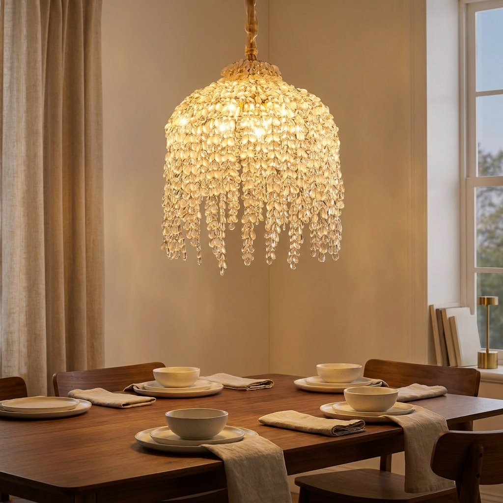 Crystal 5-Light Waterfall Chandelier, Cascading Bead Strings, Gold Finish, 16 in. styled in a room