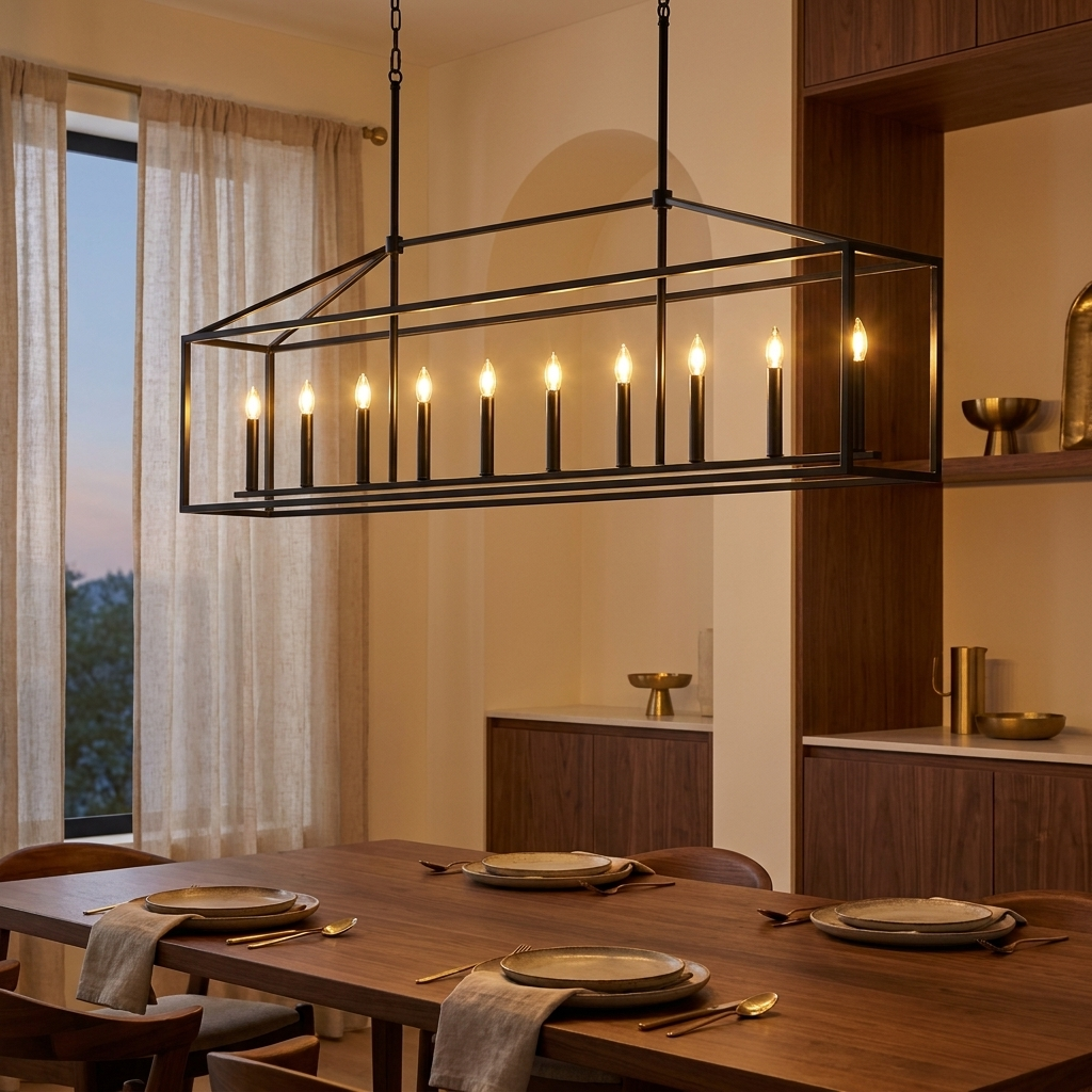 Farmhouse Rectangular 10-Light Linear Chandelier, Matte Black Finish styled in a room