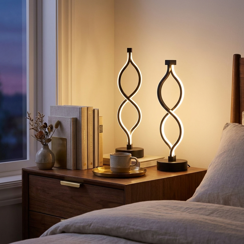 Modern Wave-Shaped USB Desk Lamp with 3-Color Dimmable LED Lighting styled in a room