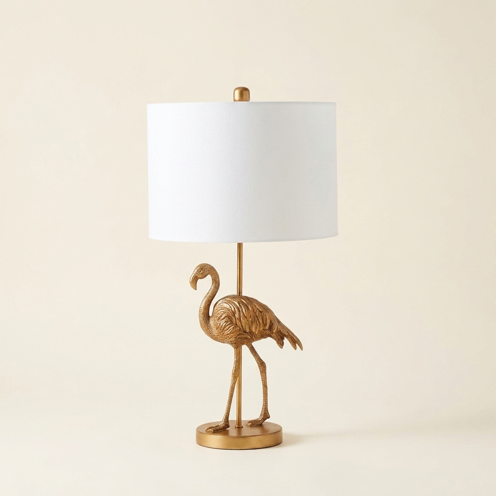 26 Matte Gold Flamingo Resin Table Lamp on a warm cream background