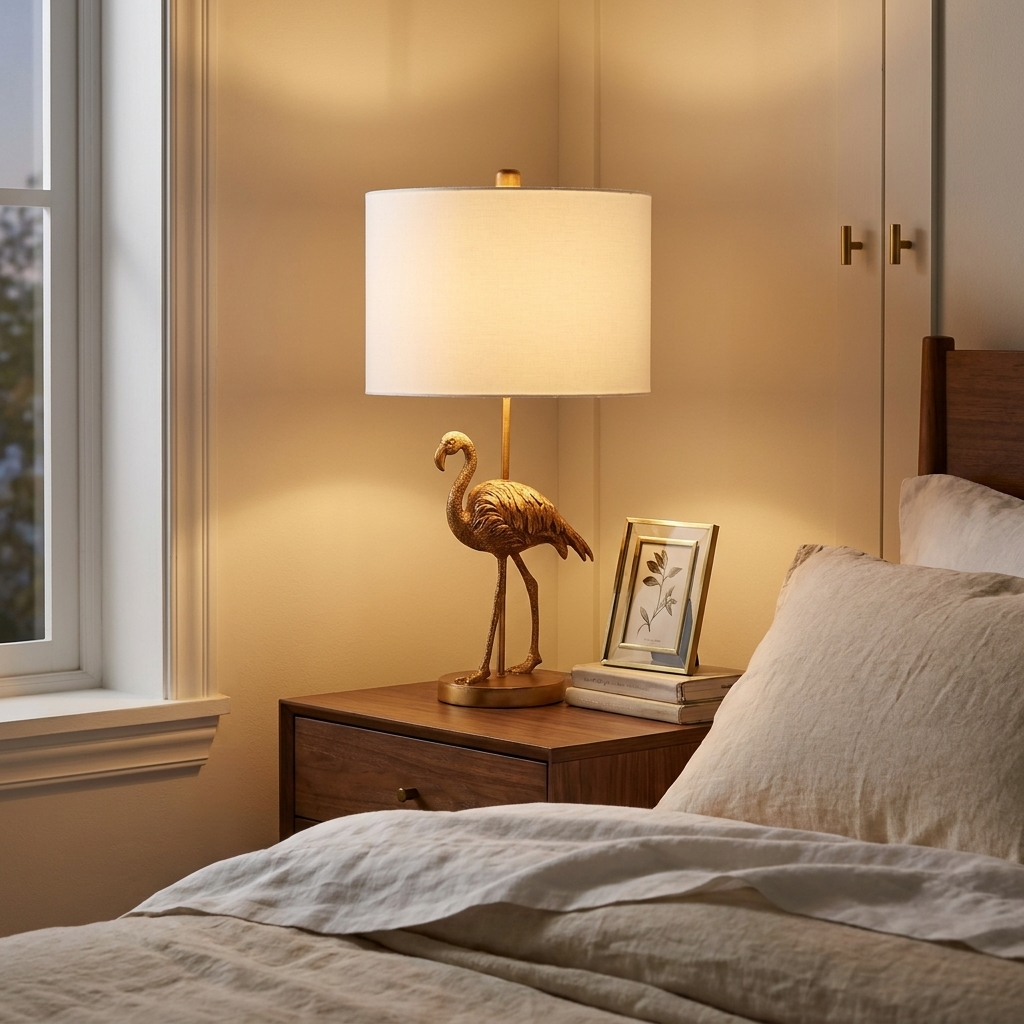 26 Matte Gold Flamingo Resin Table Lamp styled in a warm modern interior