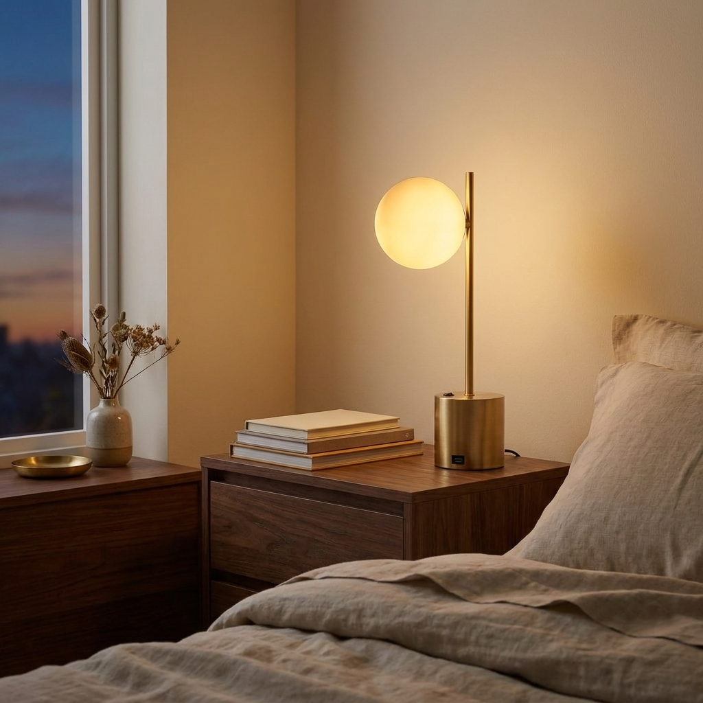 Modern Brass Metal Table Lamp with White Glass Globe Shade, Small styled in a room