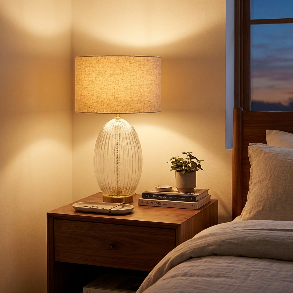 Ribbed Glass Table Lamp with Large Linen Shade, Clear and Gold Finish styled in a room