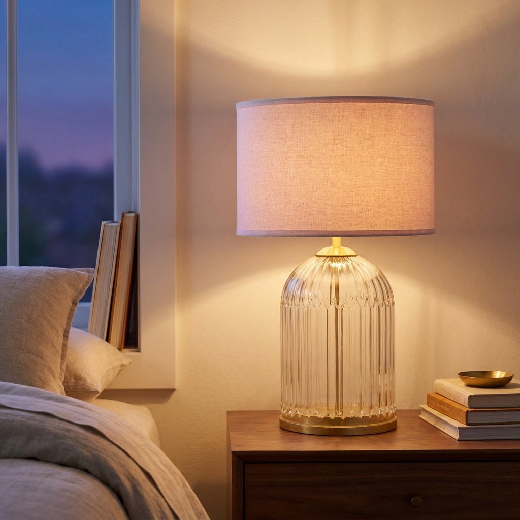 Nordic Solid Wood Base Bedside Table Lamp, Pink Shade styled in a room