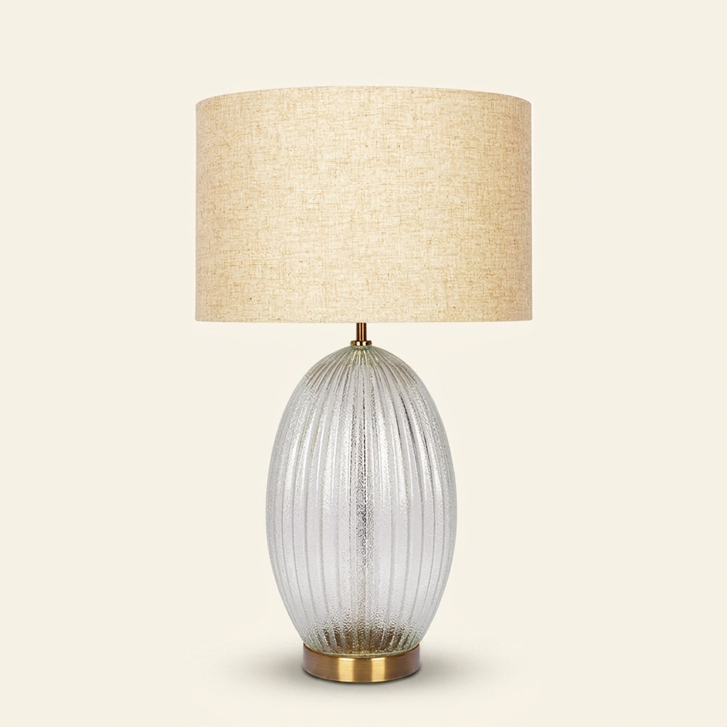 Ribbed Glass Table Lamp with Large Linen Shade, Clear and Gold Finish