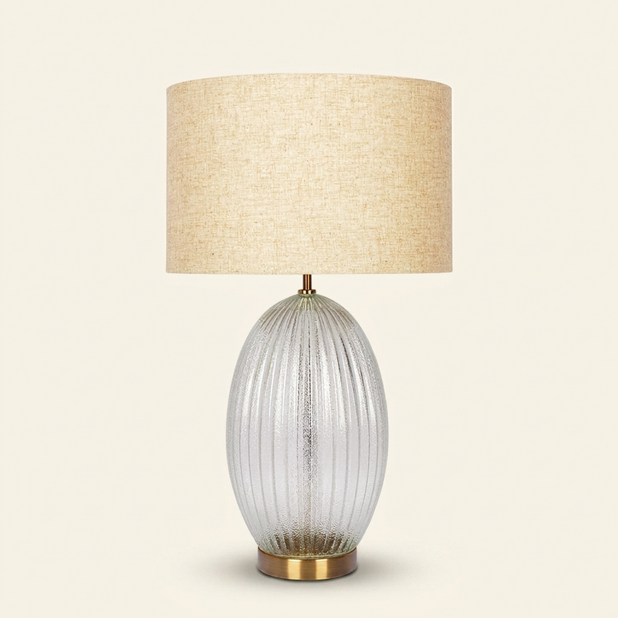 Ribbed Glass Table Lamp with Large Linen Shade, Clear and Gold Finish