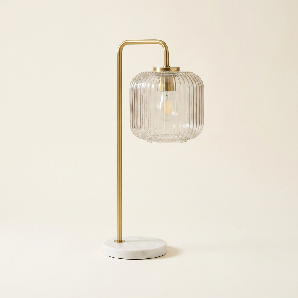 Clear Glass Table Lamp with Brushed Gold Metal and Marble Base, Button Control, 23 in.
