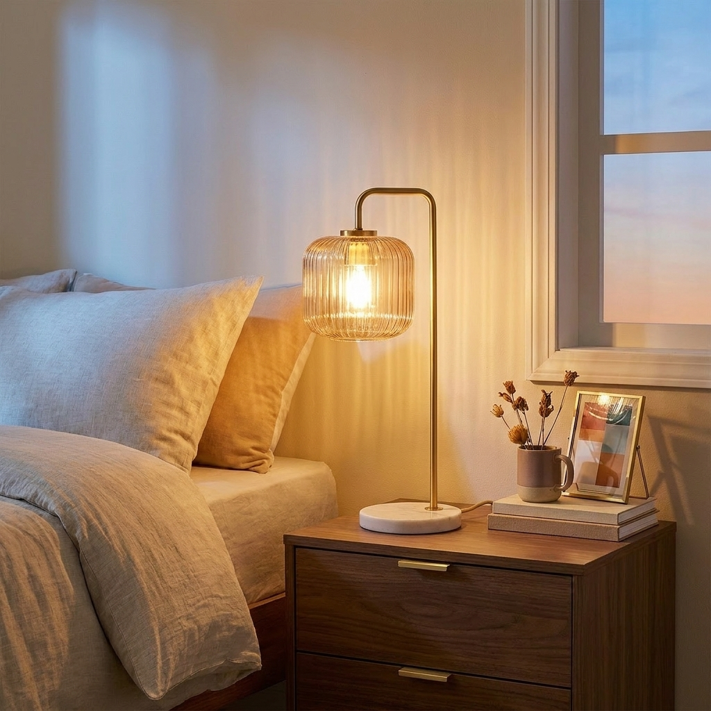 Clear Glass Table Lamp with Brushed Gold Metal and Marble Base, Button Control, 23 in. styled in a room