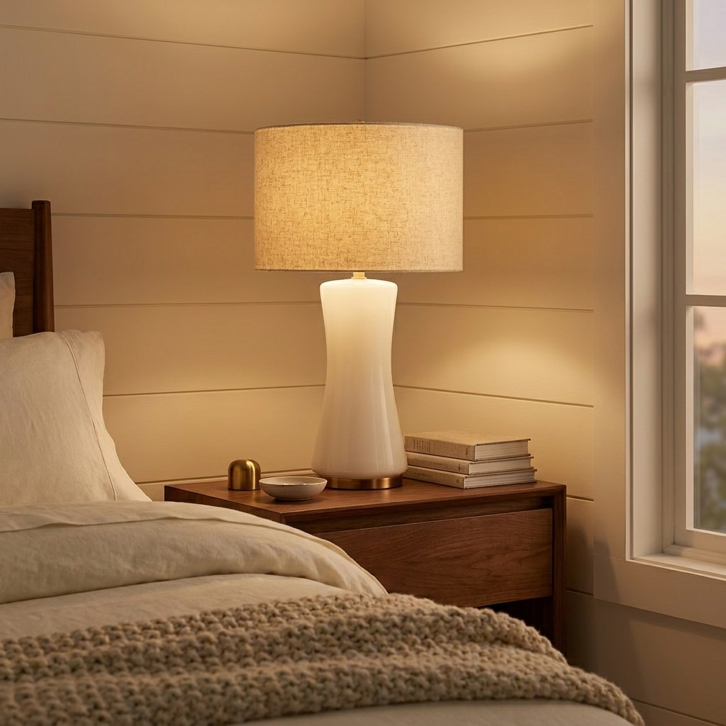 Glass Table Lamp with Golden Base, Off-White Glass Shade styled in a room